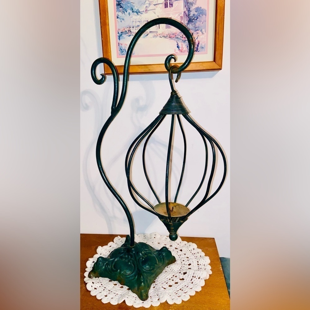 Vintage forest green metal table top suspended Candle Holder Lantern